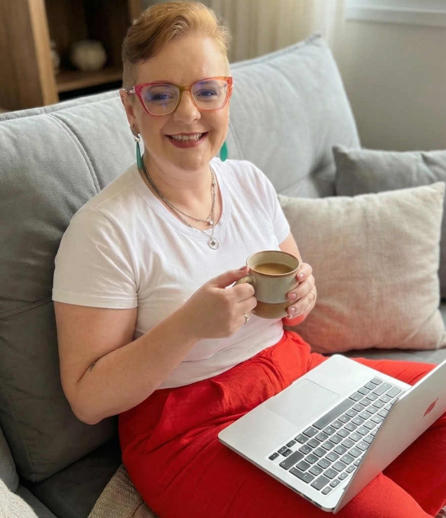 Empreendedora organizando sua rotina de marketing em um planner com tranquilidade e foco.